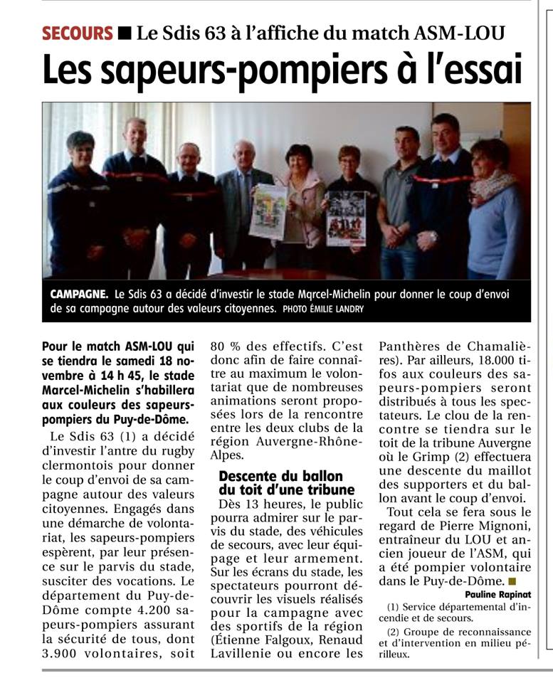 SDIS_63's tweet photo. J-1  avant le lancement de la campagne de recrutement sur les valeurs sportives et citoyennes. Tous au stade Marcel-Michelin pour le match ASM Auvergne- LOU Rugby  sous le signe des sapeurs-pompiers.
 A demain ! https://t.co/XVnAoV3Wkj