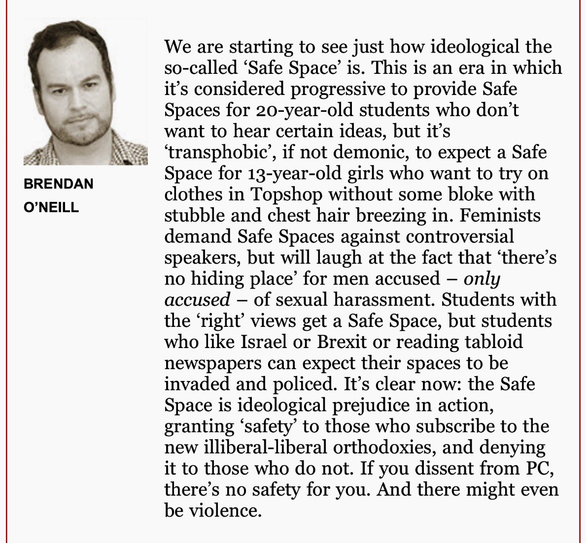 spikedonline's tweet photo. Brendan O'Neill on the ideology of the Safe Space, from this week's spiked newsletter https://t.co/tT7qFJRQbQ