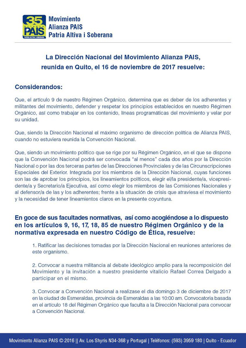 35MOVER's tweet photo. La Dirección Nacional de Alianza @35PAIS convoca a la VII Convención Nacional del Movimiento en Esmeraldas. Más detalles aquí: ➡https://t.co/n02wEqRYVA ⬅ #VIIConvenciónPAIS #SomosRevolución https://t.co/mxF4GH07uI