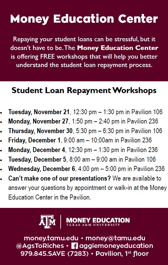 AgsToRiches's tweet photo. Have questions about repaying your student loans? Come to one of our workshops! Register here: https://t.co/cGxc0zJISQ #TAMU17 @TAMUclassof17 https://t.co/ecBIoKxm5v