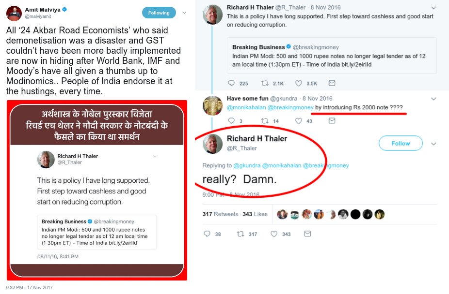 free_thinker's tweet photo. BJP IT Cell head @malviyamit for the nth time has shared an incomplete tweet of Richard Thaler.  He's competing real hard with the likes of @rishibagree and @ShankhNaad who have already secured a doctorate in fakery. https://t.co/mngAIXGHd2