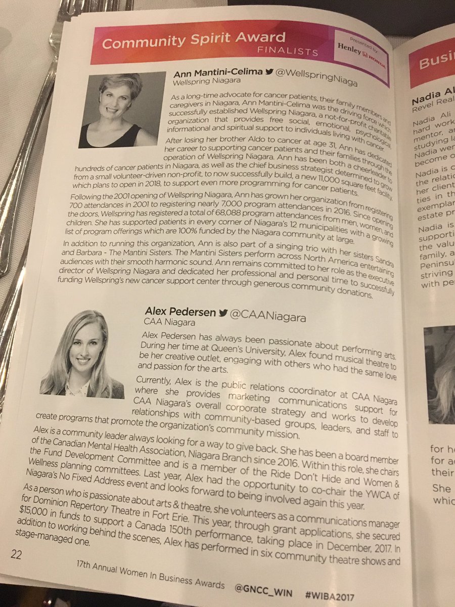 alexx_pedersen's tweet photo. What an honour to be featured on the same page as @AnnMantini from @WellspringNiaga! She's a true #Niagara ambassador! Best of luck to all the #CommunitySpirit nominees at #WIBA2017 https://t.co/4RSm6JsagX