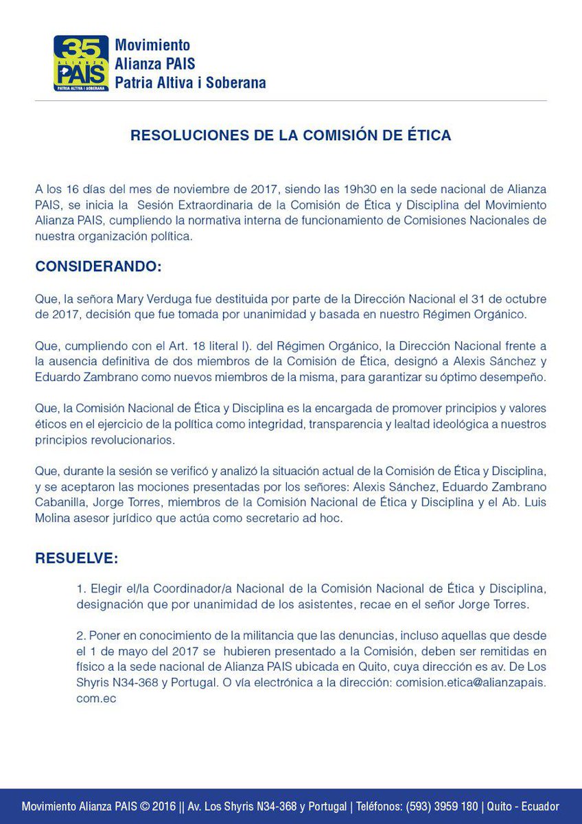 35MOVER's tweet photo. RESOLUCIONES DE LA COMISIÓN DE ÉTICA DEL MOVIMIENTO ALIANZA @35PAIS. Más detalles: ➡https://t.co/3G392CLs4s ⬅#SomosRevolución https://t.co/BWA67loUDB