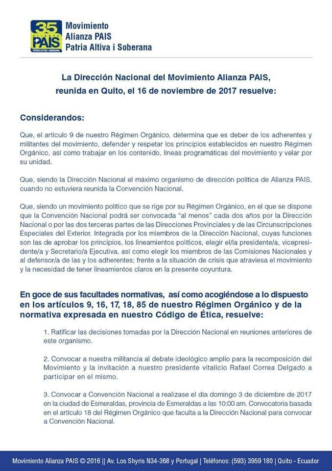 InformateEc's tweet photo. La Dirección Nacional de Alianza PAIS convoca a la VII Convención Nacional del Movimiento en Esmeraldas, Domingo 3 de Diciembre de 2017
@MashiRafael @GabrielaEsPais @RicardoPatinoEC https://t.co/nTiW4HHapy