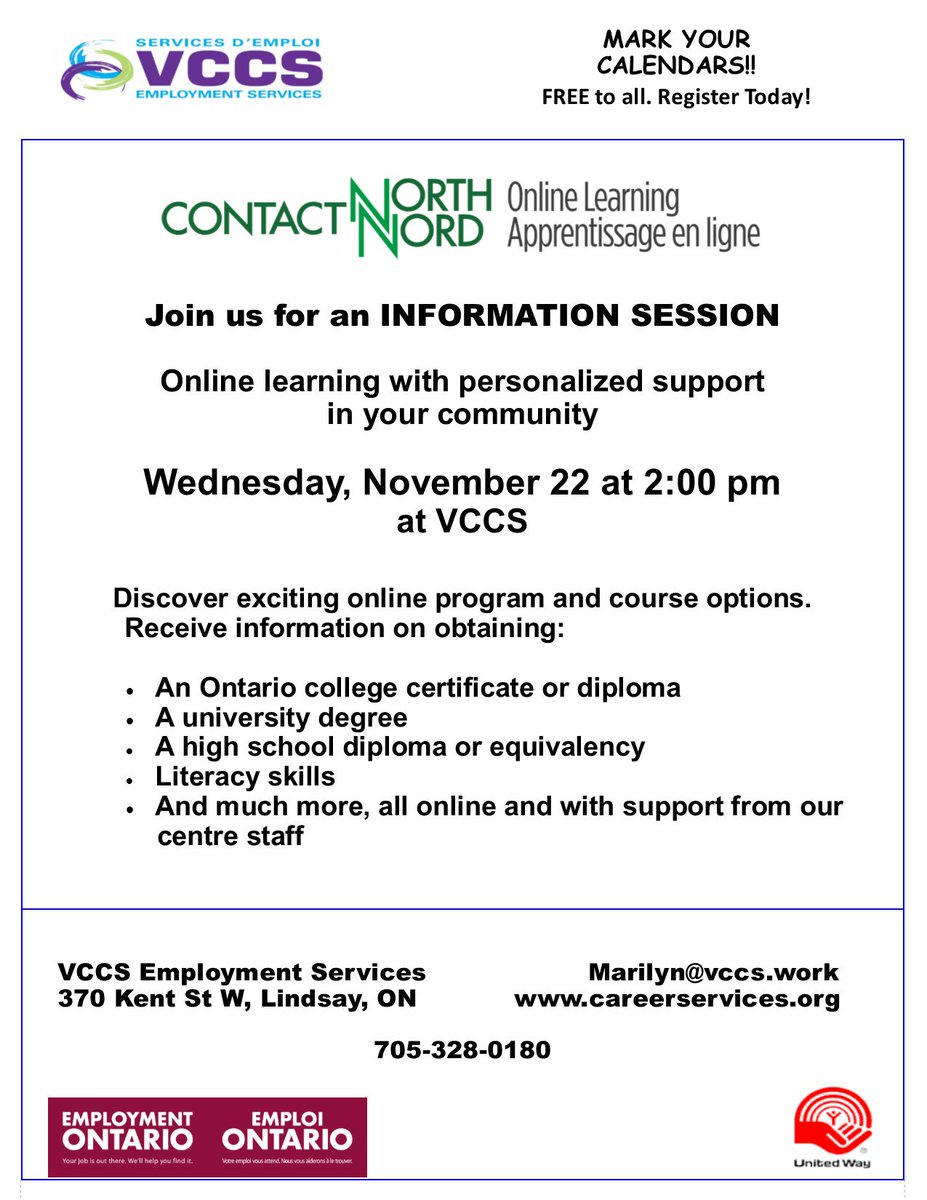 Susan_VCCS's tweet photo. Looking for online programs and course options? #contactnorth Contact North will be presenting an Information Session on Wed Nov 22 at 2:00! Drop in or register to save a seat! #vccsemployment https://t.co/YgGE0SYygq