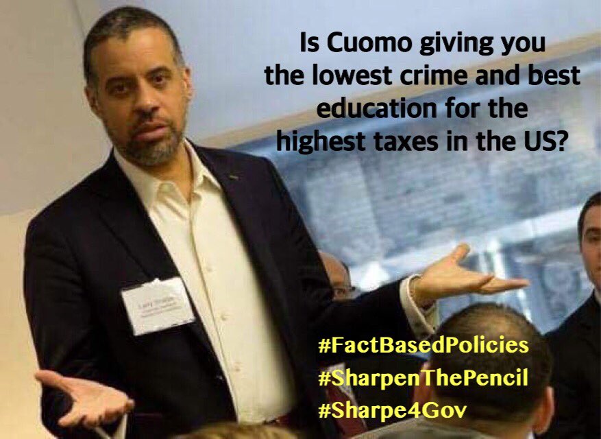 LarrySharpe's tweet photo. Is Cuomo giving you the lowest crime and best education for the highest taxes in the US? #Sharpe4Gov #aNewNY #Libertarian #NY #Cuomo #FactBasedPolitics #NYtaxes https://t.co/J7c9Pps1E4