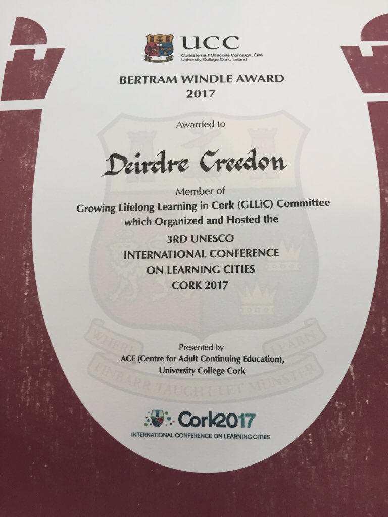 deirdre_dore's tweet photo. @sotuama Honoured to be one of the #learningcities2017 team to receive this award. Thank you @UCC @johbees https://t.co/SPMjCoA7Id
