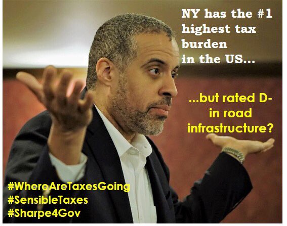 LarrySharpe's tweet photo. NY has the highest tax burden in the US, but a D- rating in road infrastructure. #Sharpe4Gov #aNewNY #Libertarian #NY #NYtaxes #FactBasedPolitics #infrastructure #roads https://t.co/Yz3Ojemwh2