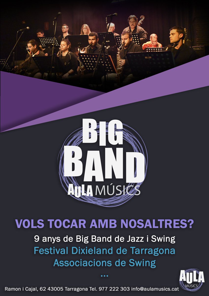 Tens ganes de tocar jazz i swing? #vineatocarambnosaltres 
Pots venir els dijous quinzenals de 20.30 a 22.00 per veure com són els assajos de la Big Band per veure com sona.Apunteu-vos! 

Podeu consultar-nos els horaris perles nostres xarxes socials o a la secretaria de l'escola.