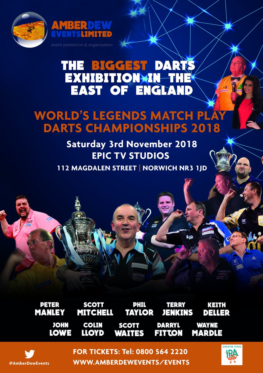 NorfolkLord's tweet photo. The #World #Legends Match Play #Darts #Championships 2018 @EPICNorwich Staring @PhilTaylor #Tickets go on general sale release on 1st Dec 2017. Just 2 weeks time.
Make sure you get your tickets early to ensure you don't miss out on this prestigious event.
It will be a SELL OUT! https://t.co/tAaPJsWmiS