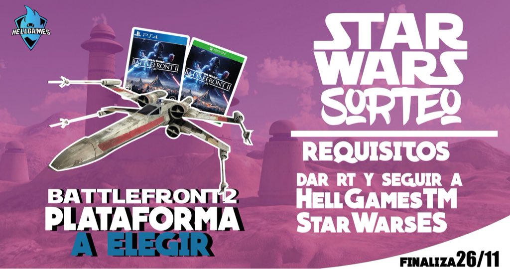 Sorteo Juego ▶ STAR WARS BATTLEFRONT II. 🆕🔝
Para participar👇

👉 Haz RT.
👉 Sigue a @HellGamesTM
👉 Sigue a <a href="/StarWarsEs/">Star Wars ESP 🌍</a>

¡¡Que la suerte os acompañe!!

#StarWarsBattlefrontII