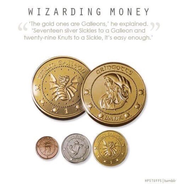 HPotterUniverse's tweet image. "The gold ones are Galleons. 17 silver Sickles to a Galleon, and 29 Knuts to a Sickle." -Hagrid to Harry