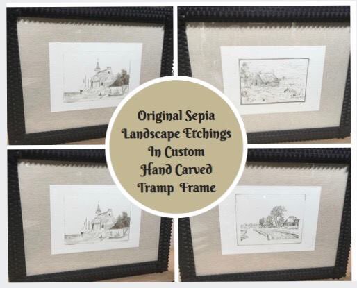 fredreedframes's tweet image. It's the last Friday before Thanksgiving gatherings. On display Original Sepia Landscape Etchings In Custom Hand Carved Tramp Art Frames.