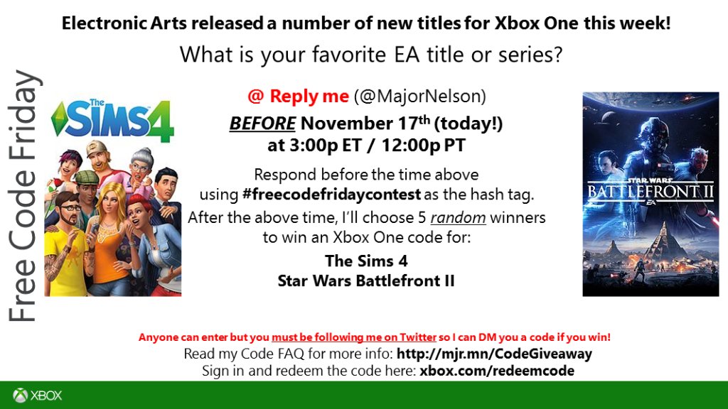 majornelson's tweet photo. #freecodefridaycontest time. Read this and you could win a code for The Sims 4 and Star Wars Battlefront II on Xbox One. Good luck. https://t.co/oSnRoCta5t