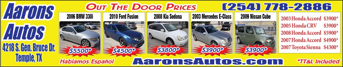 AmClassTemple's tweet photo. #SmallBiz Aaron's Autos in #Temple, 4218 S. General Bruce Drive, 254-778-2886. Check out their ad in our (11/16) edition! #CarDeals for everyone! #LowPrices #AmericanClassifieds #Texas #Killeen #Austin #ThriftyNickel #ShopLocal #LocalBusiness #LocalDealership #Local #Businesses https://t.co/eBYA2eWfne