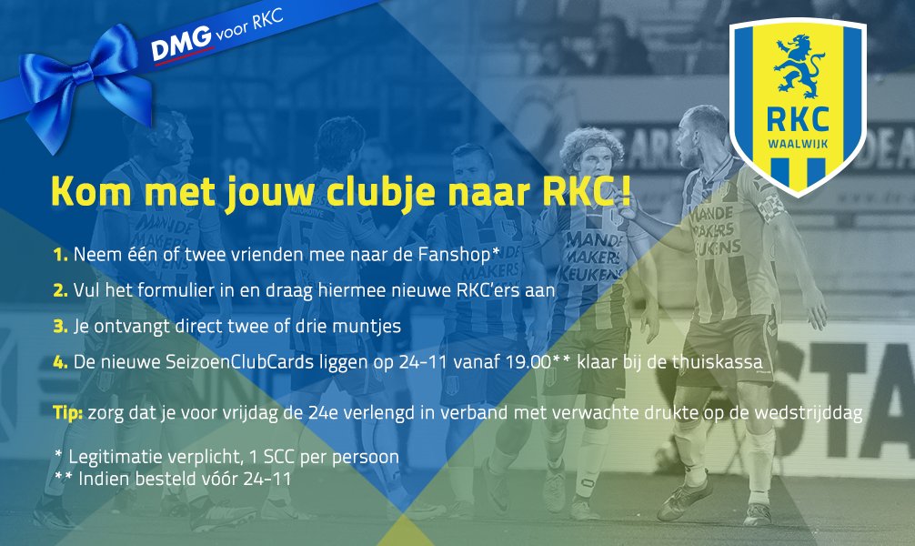 RKCWAALWIJK's tweet photo. 🎉 Vandaag gaat de actie 'Kom met jouw clubje naar RKC!' van start #RKC'ers! Vanaf 9.00 uur tot 21.00 uur is onze fanshop geopend! Alle informatie over het bestellen van je gratis SeizoenClubCard vind je op: https://t.co/ElChrDg5Da. https://t.co/2uotYUnZWl