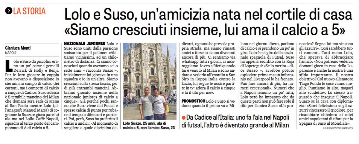 2 Campioni ,2 Amici uno innamorato del #Futsal l’altro del #calcio.La <a href="/Gazzetta_it/">La Gazzetta dello Sport</a> racconta la storia di <a href="/lolosuazo10/">Manuel Suazo</a> e <a href="/suso30oficial/">SusoFernandez</a> 💪💙🇮🇹🇪🇸