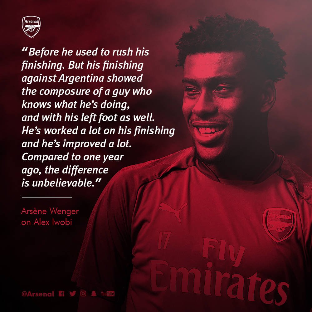 Arsenal's tweet photo. As we're on the subject of @alexiwobi, the boss definitely enjoyed #BIG17's performance for @NGSuperEagles against Argentina earlier this week...

#AFCvTHFC https://t.co/Fdf4AkLLuS