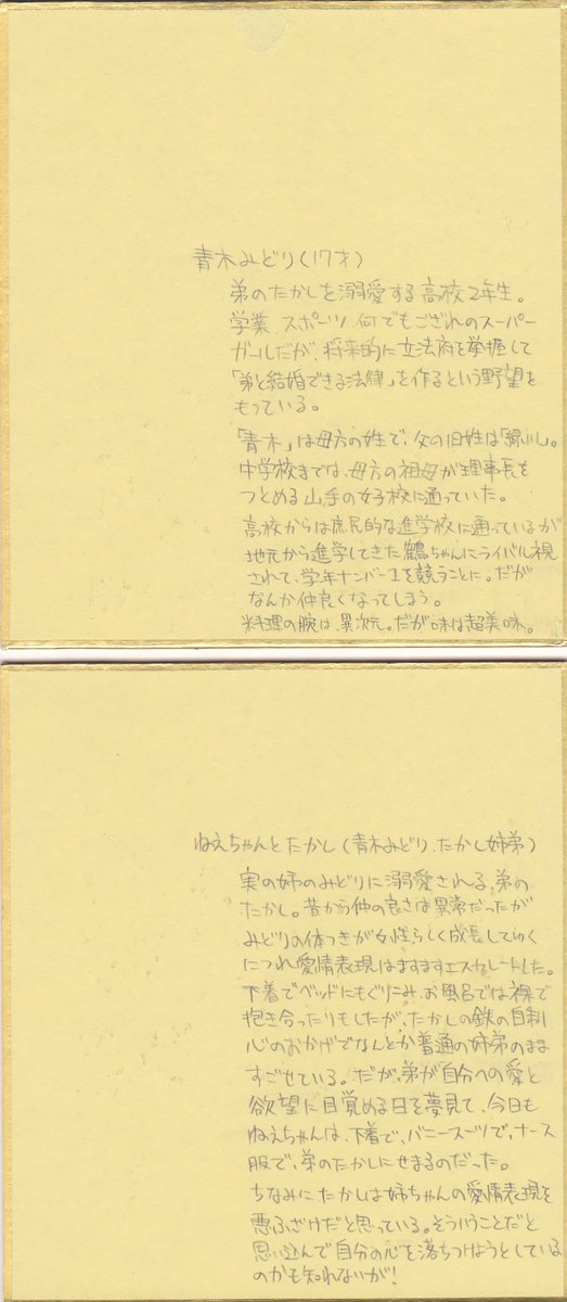 同封したおまけのペーパー(チキンラーメンの簡単なレシピ)とか、色紙の裏に書いたキャラ設定(未使用の設定が多い)とか。 