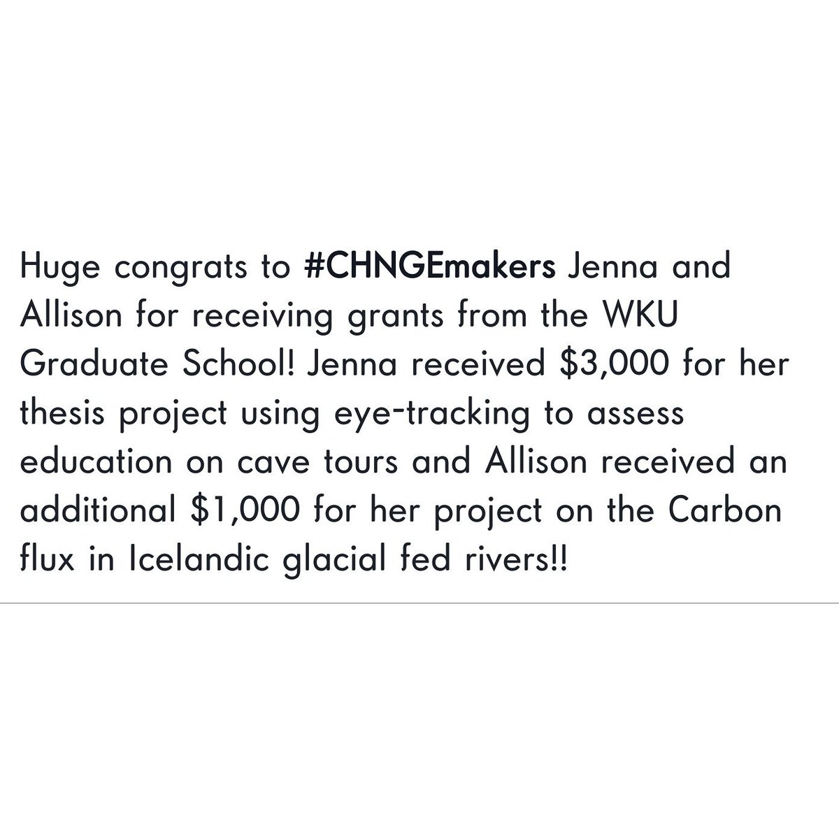 wkuchnges's tweet photo. Congrats to #CHNGEmakers Jenna and Allison!
@WKU_ARTP 
@wku 
@WKUGeo 
@WkuOgden https://t.co/BaXNWeIIVe