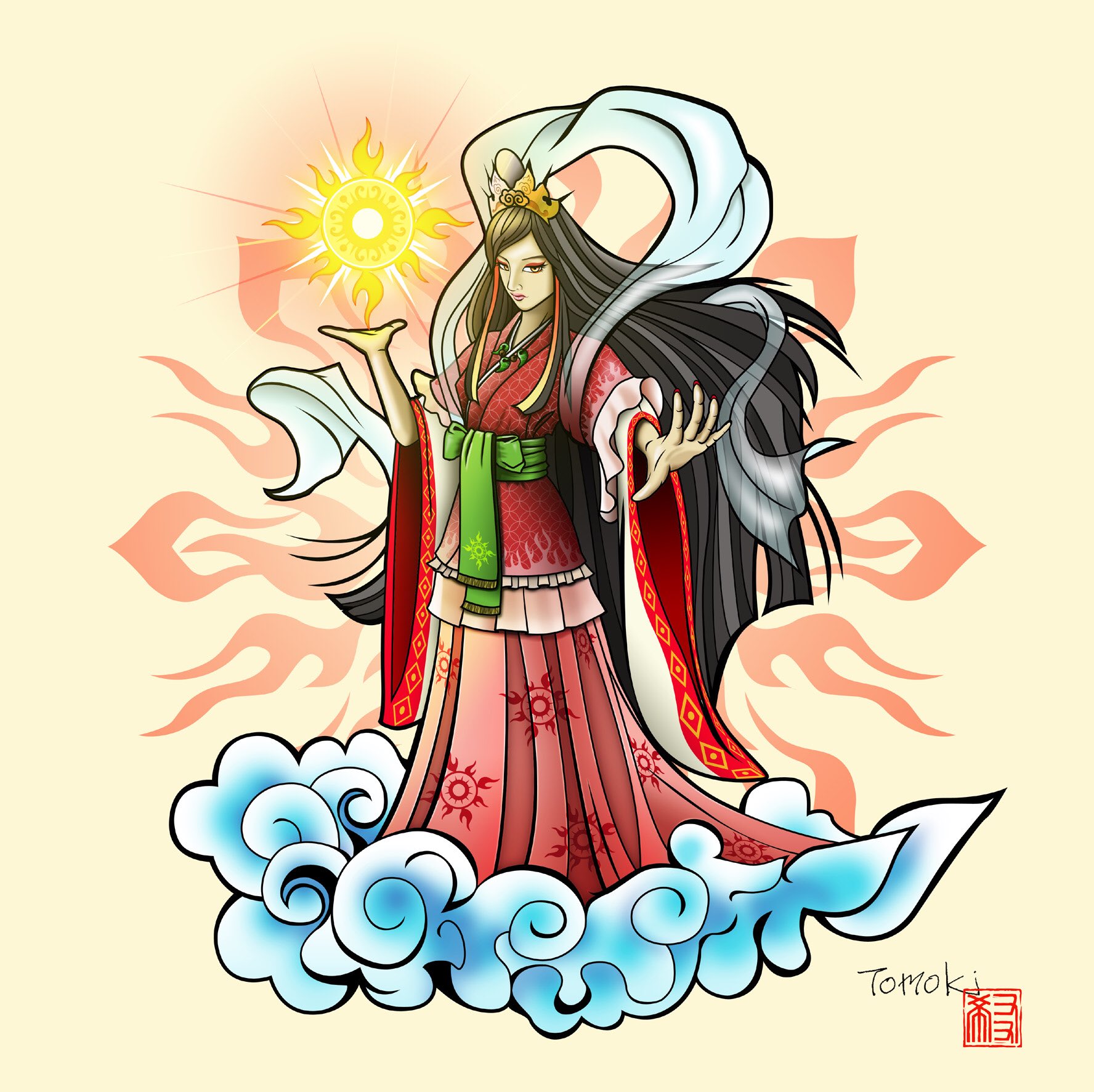 Twitter 上的 トモキ 天照大神仕上がりました 天照大神 アマテラス 太陽神 和装イラスト 女性イラスト ガールズイラスト 神様 T Co Phmk4o5jml Twitter