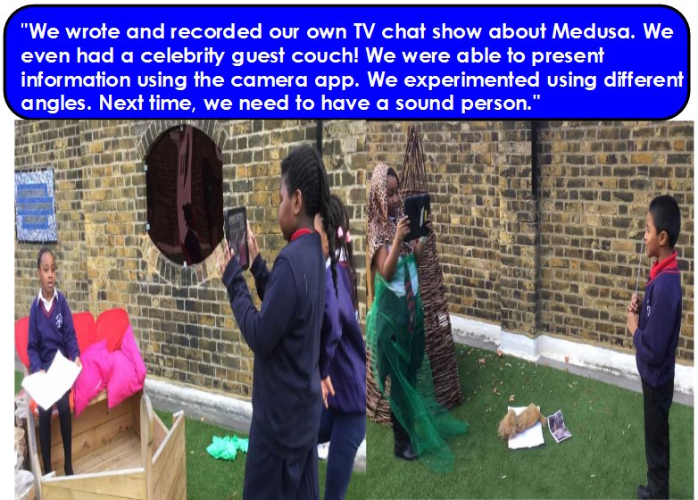 Mr_Walton_'s tweet photo. Year 3 have been learning about how to plan, write and record their own TV chat show. We presented information about Medusa transforming into a Gorgon. Eye-witnesses of her transformation featured as guests on the 'celebrity couch'. #sjbcomputing https://t.co/gv0IbjxwiB