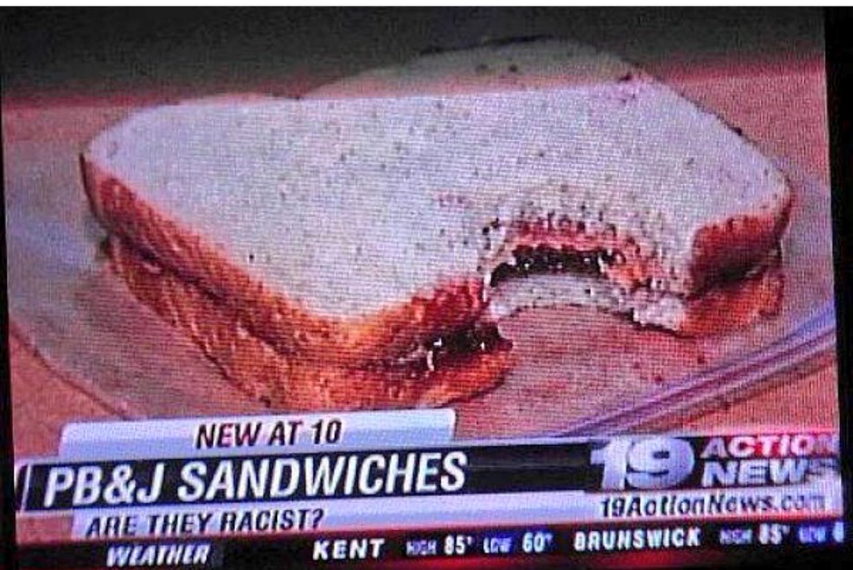 🤔So now peanut butter and jelly sandwiches are Racist⁉️ Don’t ever disrespect this Sandwich again. If you actually think it’s is racist I hope you get abducted by aliens