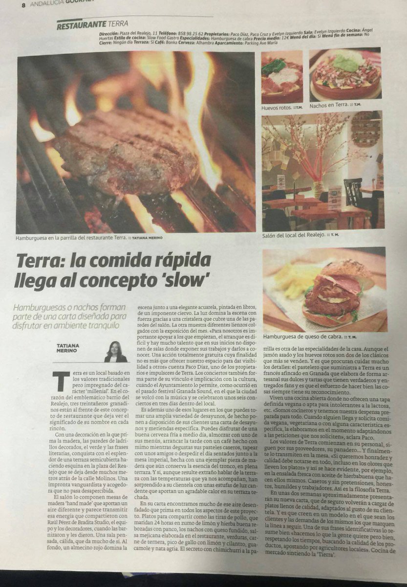 En el suplemento Andalucía Gourmet de El Ideal de hoy dedican una página a Terra bar. ¡Gracias Tatiana Merino por tus palabras y las fotos espectaculares!