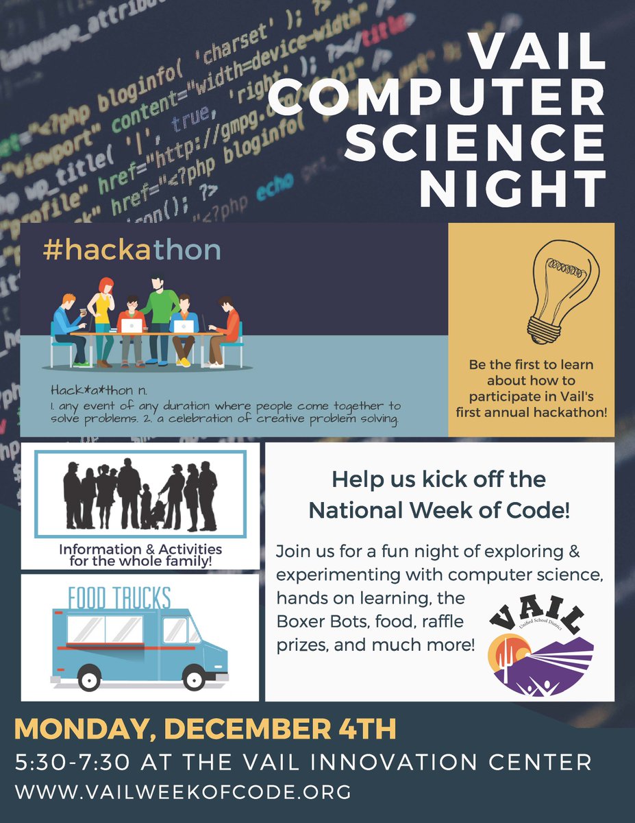 vailstem's tweet photo. Come learn about many of the exciting opportunities students have throughout the Vail School District to learn about computer science!
Find the most up to date info at https://t.co/ycCvueJ3Mx ! #HourOfCode2017 #HourOfCode https://t.co/mXhSVLqpDc