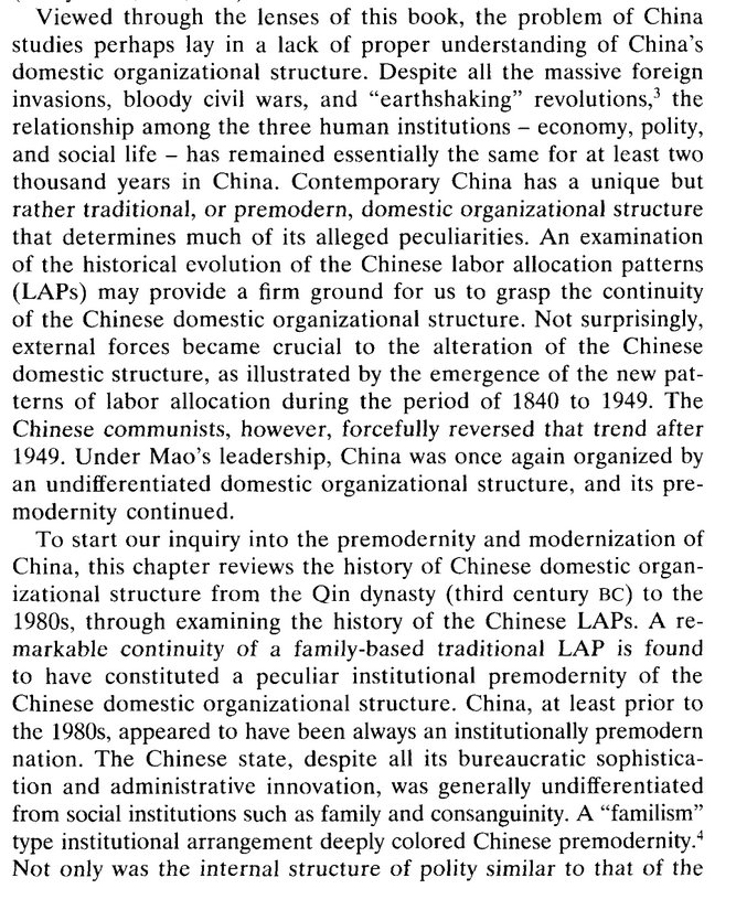 "China, at least prior to the 1980s, appeared to have been always an institutionally premodern state."  https://books.google.com/books?id=Ub5sCwAAQBAJ