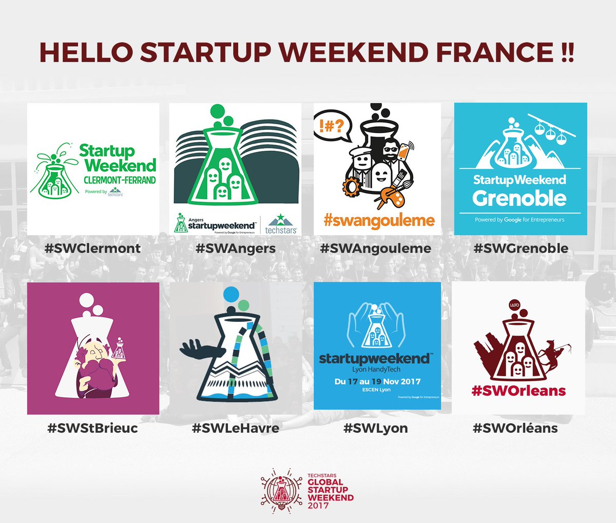 SWOrleans's tweet photo. 8 Startup Weekends in France for Techstars Global Startup Weekend !! #TGSW2017 #SWOrleans #SWAngers #SWLyon #SWAngouleme #SWLeHavre #SWStBrieuc #SWGrenoble #SWClermont #KerKer 😘😁😎 https://t.co/AeT5qxDQQw