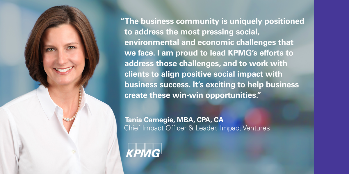 KPMG_Canada's tweet photo. We’re proud to announce @taniacarnegie’s appointment to newly created role of Chief Impact Officer. Tania draws on 20 years of business/community leadership experience &amp; global network to deliver innovative perspectives on how business can help drive social change. https://t.co/0gIsmaFK9z