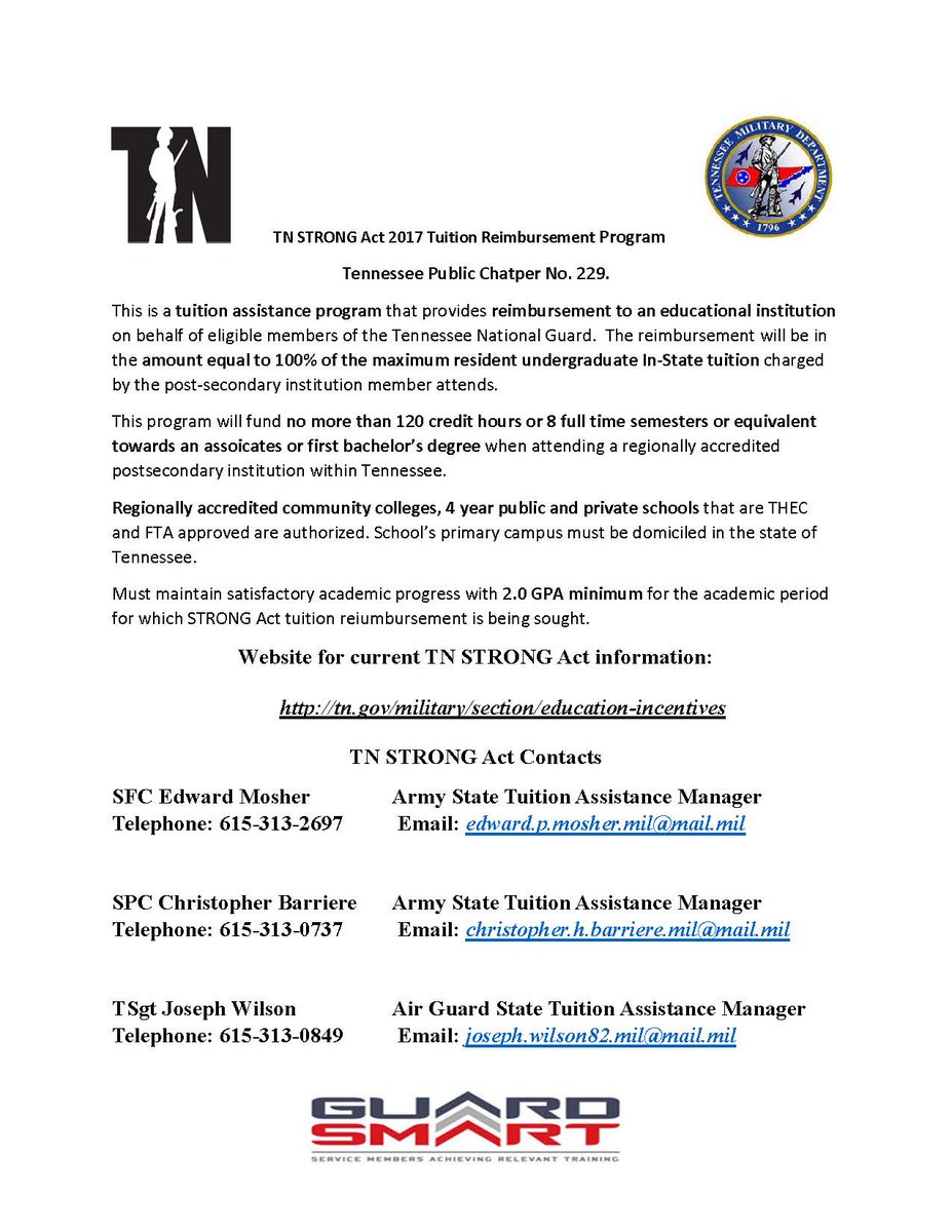 118thWing's tweet photo. The #Tennessee #StrongAct is a tuition reimbursement program that allows #TennesseeNationalGuard members to work towards achieving their first bachelors degree. Here's more information on how you can achieve your goals! #TeamBerryField https://t.co/IOxQghzTmU