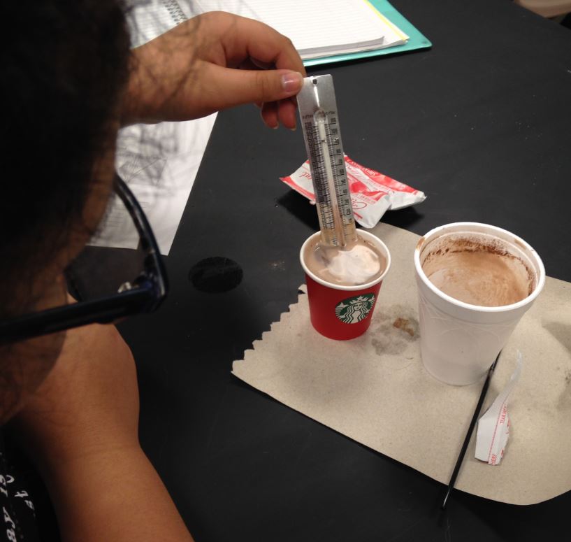 mrsrmateer's tweet photo. Students explore the movement of heat through hot chocolate.  Thank you Starbucks for the donation of cups! @PrincipalPaz  #maydeusproud @Hearns_Sci  @Schindler_MCJH  @MarissaSalls #thankyouStarbucks https://t.co/5M1KqIsO6I