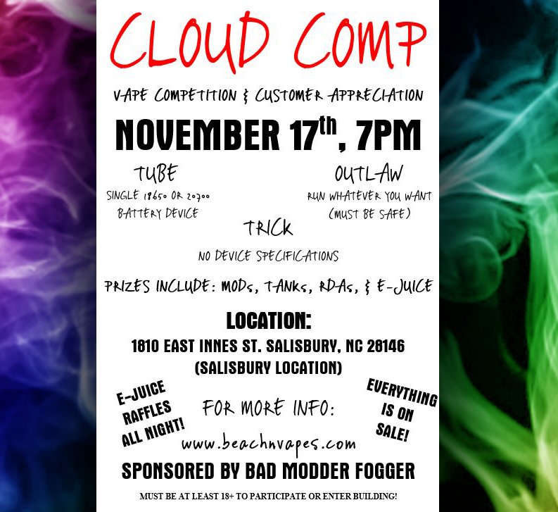beachnvape's tweet photo. LOCAL CLOUD COMP TONIGHT!! HOPE TO SEE YOU ALL THERE! #vaper #mods #tanks #ecig #vapes #vaping #vapingcommunity #vapehooligans #vapelove #vapeporn #rdas #rdtas #boxmods #vapenation #vapesociety #vapeaddict #eliquids #eliquid #vapedaily #vapetricks #vapestyle #vapedaily https://t.co/pztD5bgkbJ