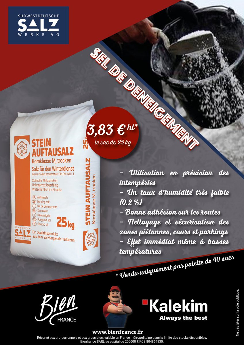 Bien_France's tweet photo. Sel de déneigement premium, convient pour le salage par épandage automatique et manuel.
- Utilisation en prévision des intempéries
- Taux d’humidité très faible (0.2 %)
- Bonne adhésion sur les routes
- Effet immédiat même à basses températures https://t.co/ouTSOTLfgb