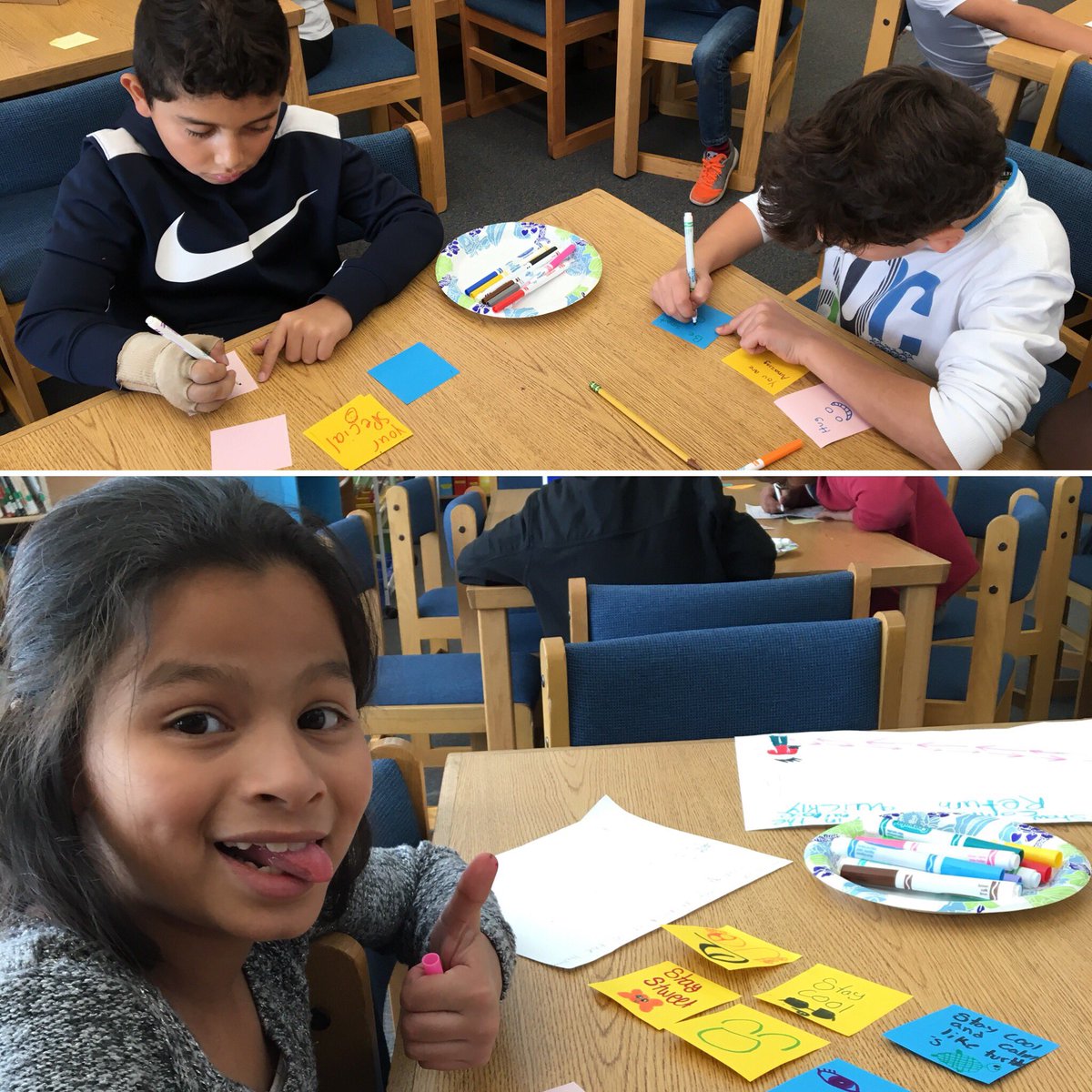 LondonTowneFCPS's tweet photo. 4th graders creating positive messages on sticky notes to restock our Kindness Wall. #agentsofcaring https://t.co/25dBRVUHq7