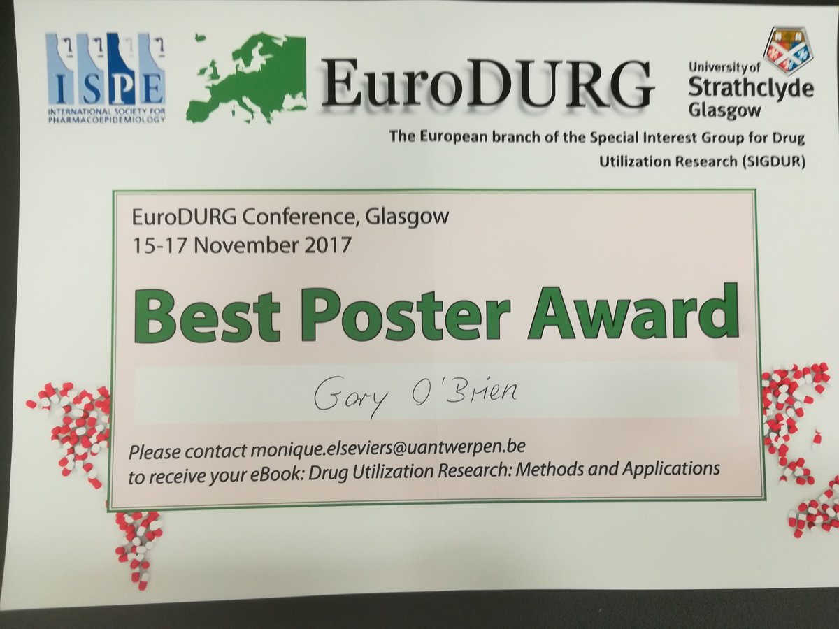 garylobrien's tweet photo. Great end to a great conference #EuroDURG2017 in Glasgow. Thrilled to win the Best Poster Award in the Elderly Category  @PharmCareUCC @Pharmacy_UCC @GradCoMH_UCC #LoveIrishReseach @IrishResearch https://t.co/l5oUYFLONN