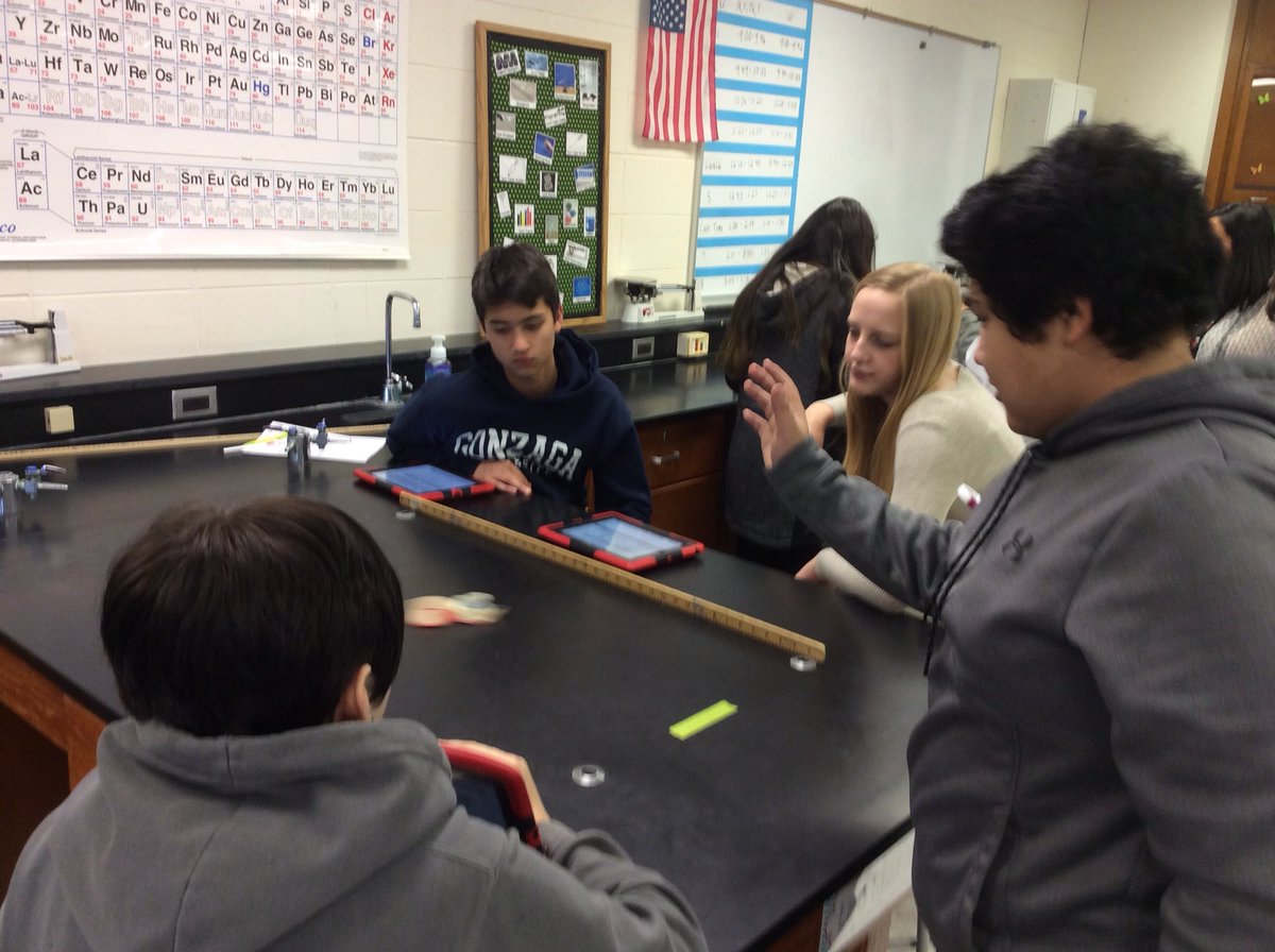 KrasnowScience's tweet photo. Newton’s second law of motion investigation today in 8th grade Science @Prairie220 #lawsofmotion #newton #inquiry https://t.co/8Wm6gas8kC