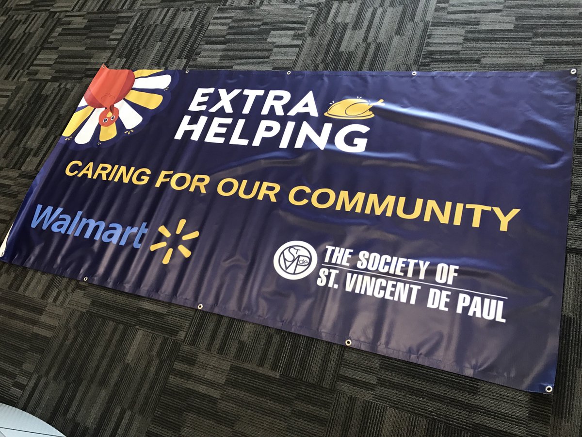 CronkiteAgency's tweet photo. #PR Lab team, UStrategies, is getting set for the @Walmart's #ExtraHelping event this Saturday at @SVdP. Check out the custom banner #branding the team created for the event! https://t.co/P2EsEMzTxk