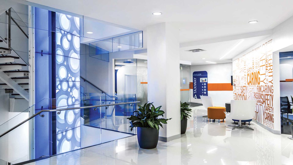 eventscapeinc's tweet photo. Each JetBlue Corporate office tower has 14 LCD monitors to display branding and LED lights that change colour; creating an immersive, digital environment https://t.co/zaH1QnGrIt // #BuiltbyEventscape @HLWIntl #CustomColumn #LCDMonitors #DigitalDisplay #LEDlights #OfficeDesign https://t.co/uJ3TzHXGD9
