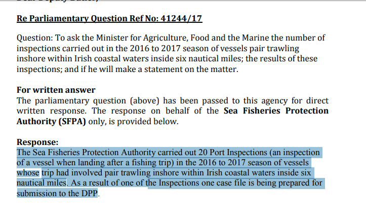 27pines's tweet photo. @IWDGnews FWIW, in response to a query, raised with my local TD re #pairtrawling in the Suir estuary the attached response was received from the SFPA to a question raised in the Dail: "Monitoring" involves port inspections @ 20 per year... https://t.co/kALLJQVHo2