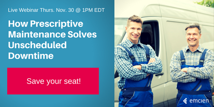 Emcien's tweet photo. Are you measured on uptime? Then you should care about prescriptive maintenance. Attend this live webinar Nov. 30 @ 1PM to learn everything you need to know: https://t.co/hd7ApNkW3O #prescriptiveanalytics #fieldservice #unscheduled downtime https://t.co/vgEmIVfuZ7