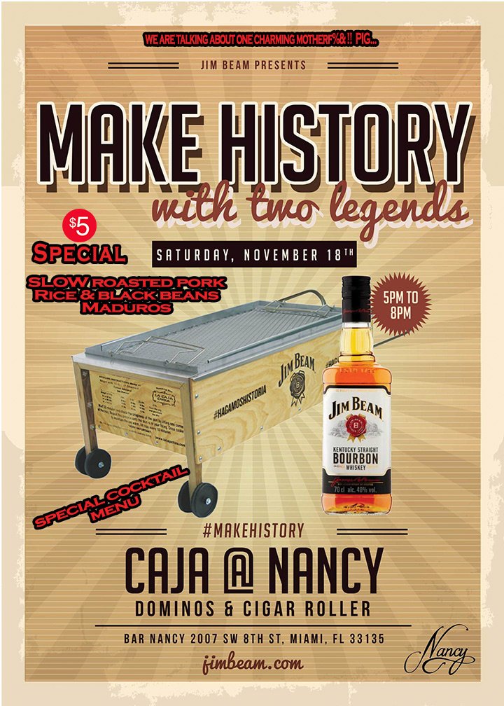 This Saturday at Bar Nancy we slow roast one charming pig. $5 for roasted swine, black beans &amp; rice, maduros. Enjoy a special cocktail menu Little Havana's Best Cigar Roller and dominoes. #nancyswine #cajachina #cocktails #jimbeam  #charmingmotherfuckingpig #littlehavana
