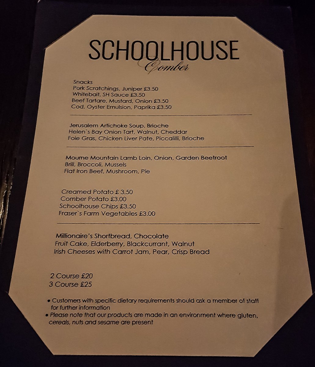 DownthehatchNI's tweet photo. A very creative menu @SchoolHouseInn and so reasonably priced! 2 courses £20 3 courses £25 https://t.co/8md7wuxGRx