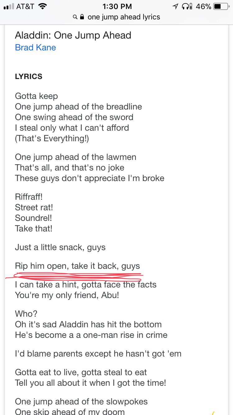 J Bunny B Just Remember There Is One Line In One Jump Ahead In Aladdin Where The Guards Threatened To Cut Aladdin Open To Take Back The Bread He Steals