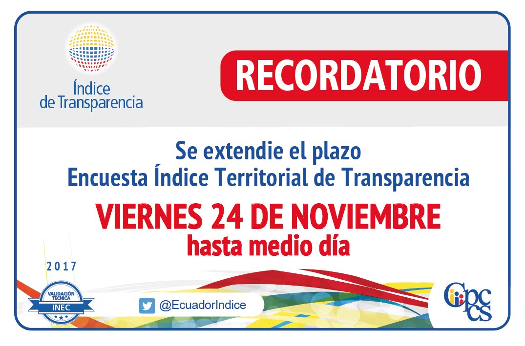 En Ecuador trabajamos por una sociedad informada y transparente. Sé parte de la encuesta nacional a los #GAD para medir el índice Territorial de Transparencia <a href="/CPCCS/">Carlos P. Carcelén Caicedo</a>