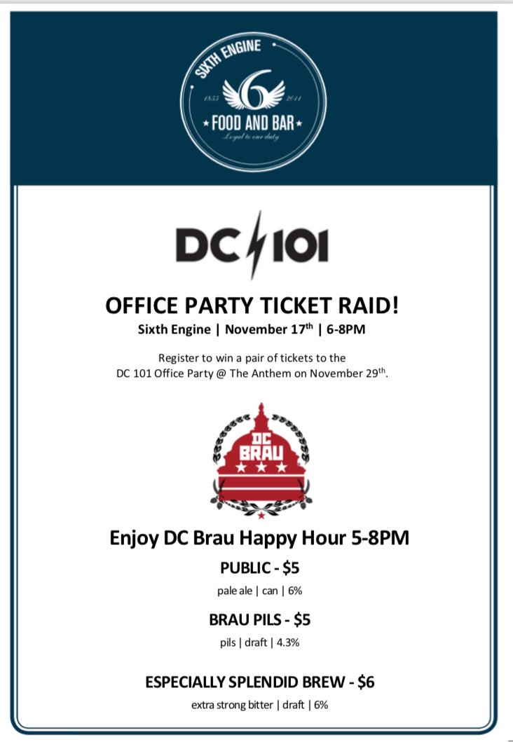 We’re hanging with <a href="/DC101/">DC⚡️101</a> <a href="/sixthengine/">Sixth Engine</a> tonight from 6-8pm to GIVEAWAY TICKETS to the Sold Out #OfficeParty <a href="/TheAnthemDC/">The Anthem</a> on 11/29 featuring The Lumineers. They’ve even tapped a rare keg of our ESB collaboration to warm you up for the weekend. See you there in a bit!
