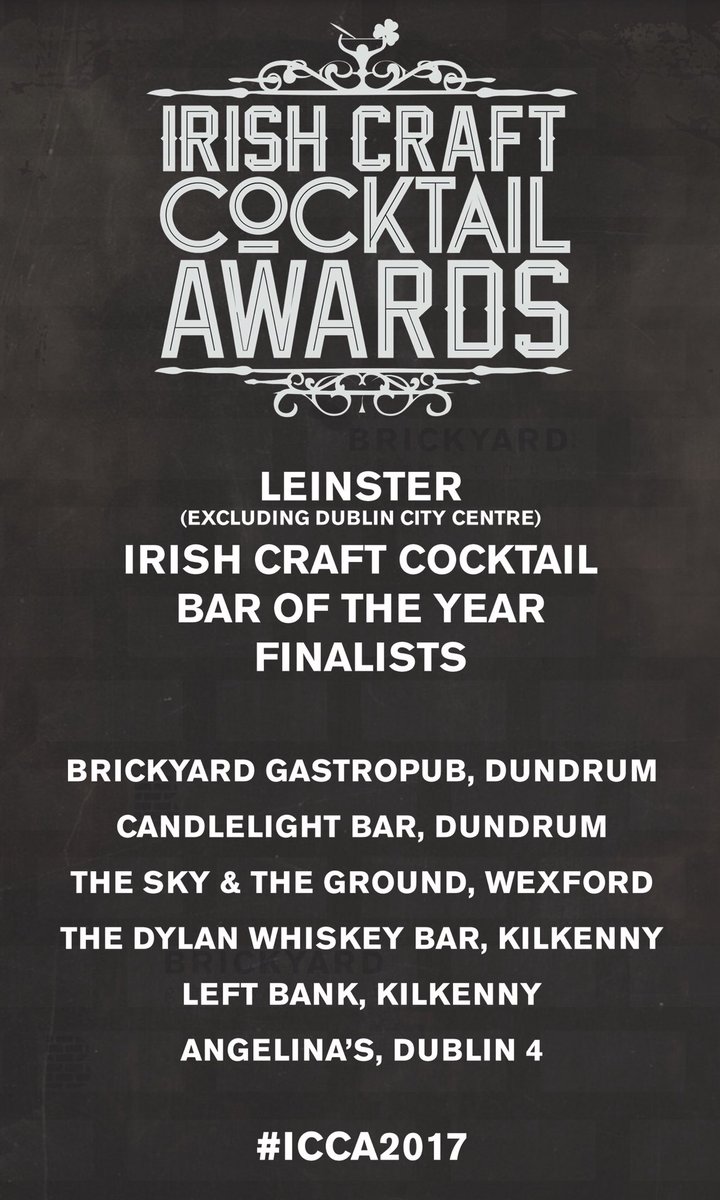brickyard_d16's tweet photo. Delighted to make the top 6 finalists in the @ICCAcocktails Leinster Craft Cocktail Bar of the Year along side our wonderful neighbours @Candlelightbar1
#DundrumDoesCocktails #Brickyard #ICCA2017 https://t.co/KmWT59xOPT