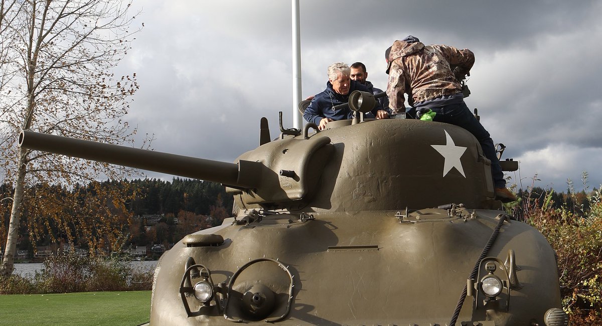 PeteCarroll's tweet photo. So special to have Lt. Col. Barbara Nichols and a Sherman Tank with us at practice today! #salutetoservice https://t.co/Hv19LC51Fh
